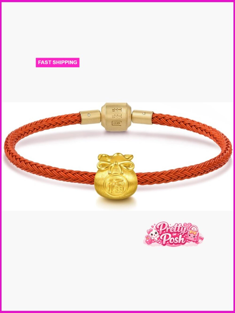 999 Gold Fortune Bag Charm Bracelet, Link Chain, Lobster Claw Clasp, 17cm